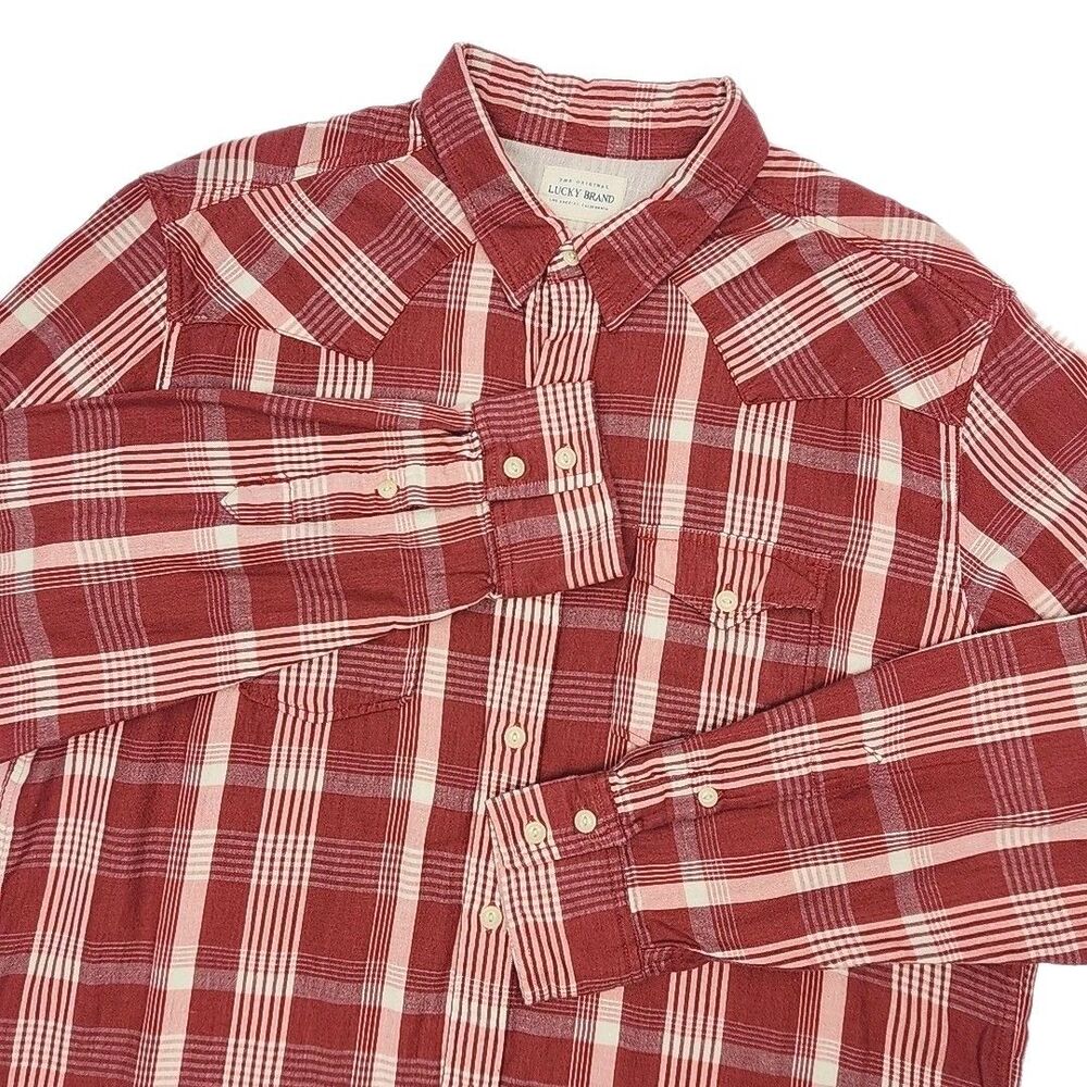 Lucky Brand Western Shirt Men Sz Large Red Plaid Button Cotton Cowboy Long Slv